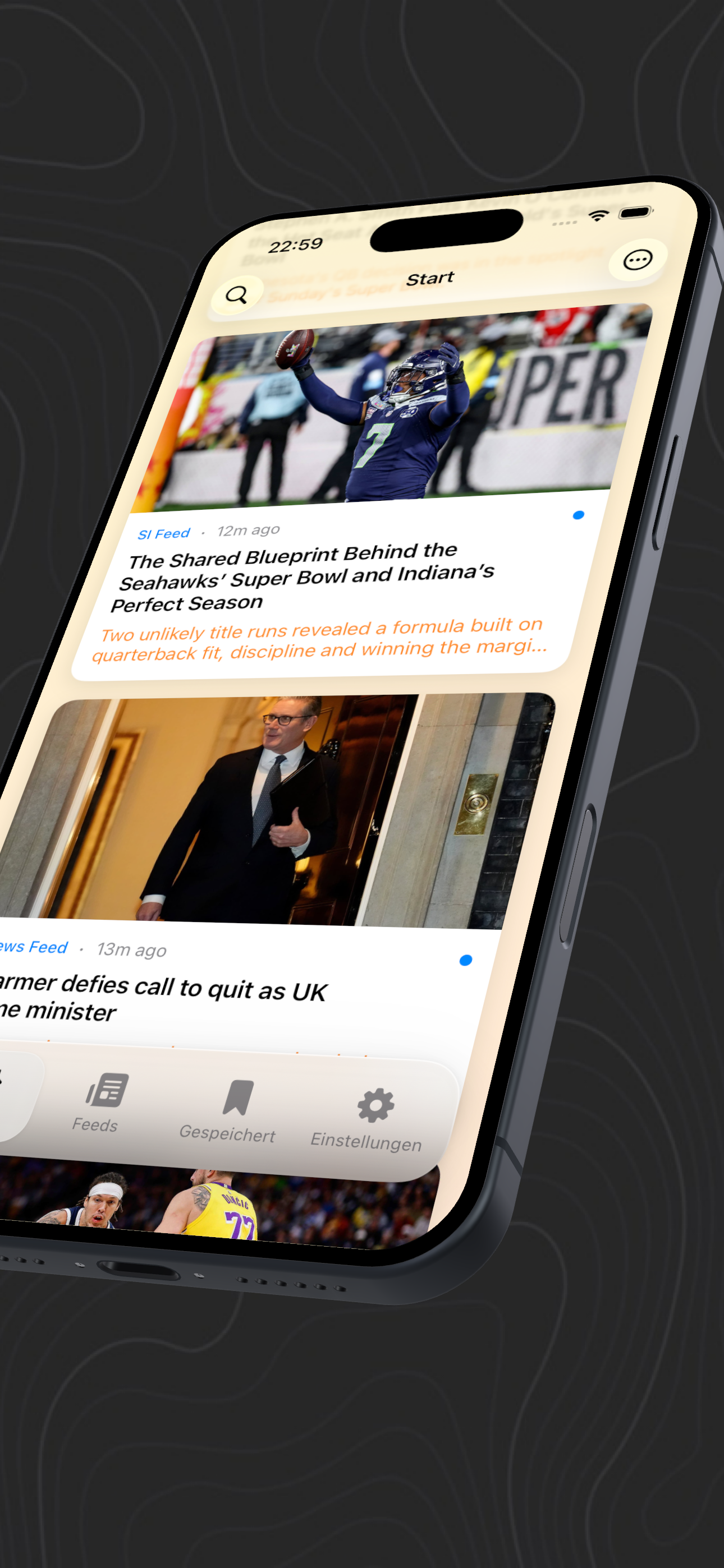 Wave Reader – Home tab with article cards